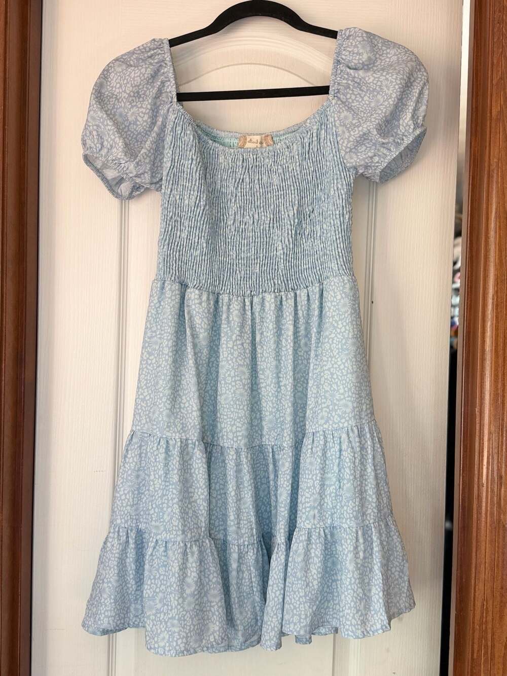 Altar'd State Blue Floral Smocked Bodice Puff Sleeve Tiered Mini Dress